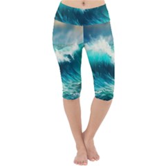 Waves Ocean Sea Tsunami Nautical Blue Lightweight Velour Cropped Yoga Leggings