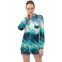 Waves Ocean Sea Tsunami Nautical Blue Long Sleeve Satin Shirt