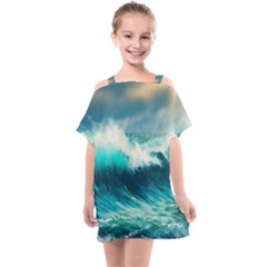 Waves Ocean Sea Tsunami Nautical Blue Kids  One Piece Chiffon Dress by Jancukart