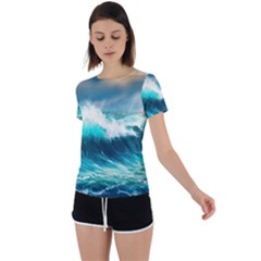 Waves Ocean Sea Tsunami Nautical Blue Back Circle Cutout Sports Tee by Jancukart