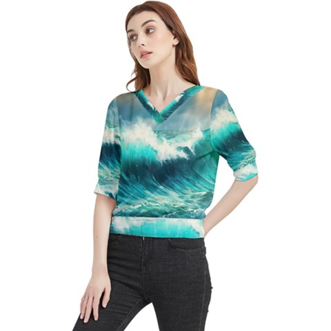 Waves Ocean Sea Tsunami Nautical Blue Quarter Sleeve Blouse by Jancukart