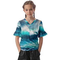 Waves Ocean Sea Tsunami Nautical Blue Kids  V-neck Horn Sleeve Blouse by Jancukart