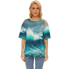 Waves Ocean Sea Tsunami Nautical Blue Oversized Basic Tee by Jancukart