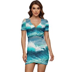 Waves Ocean Sea Tsunami Nautical Blue Low Cut Cap Sleeve Mini Dress by Jancukart