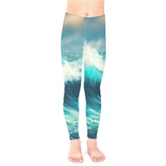 Waves Ocean Sea Tsunami Nautical Blue Kids  Classic Winter Leggings by Jancukart