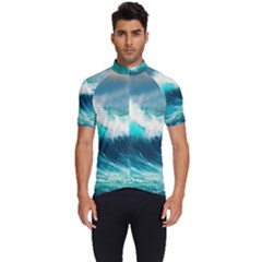 Waves Ocean Sea Tsunami Nautical Blue Men s Short Sleeve Cycling Jersey