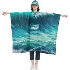 Waves Ocean Sea Tsunami Nautical Blue Women s Hooded Rain Ponchos