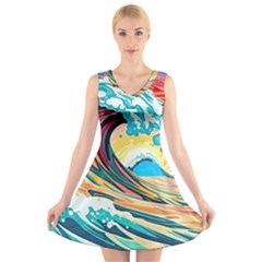 Waves Ocean Sea Tsunami Nautical 8 V-neck Sleeveless Dress by Jancukart