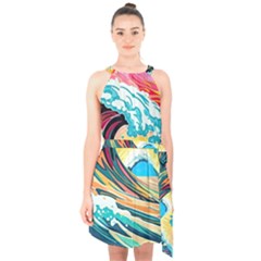 Waves Ocean Sea Tsunami Nautical 8 Halter Collar Waist Tie Chiffon Dress