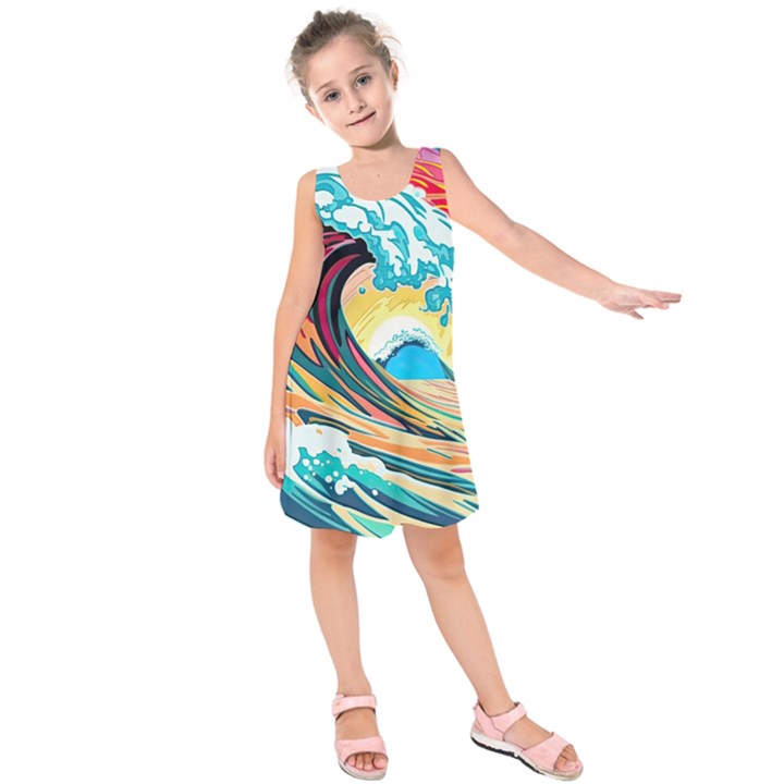 Waves Ocean Sea Tsunami Nautical 8 Kids  Sleeveless Dress