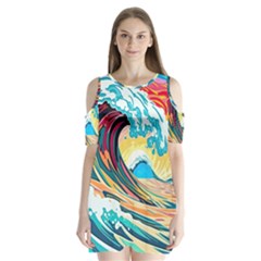 Waves Ocean Sea Tsunami Nautical 8 Shoulder Cutout Velvet One Piece