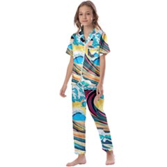 Waves Ocean Sea Tsunami Nautical 8 Kids  Satin Short Sleeve Pajamas Set by Jancukart