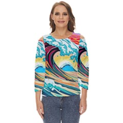 Waves Ocean Sea Tsunami Nautical 8 Cut Out Wide Sleeve Top