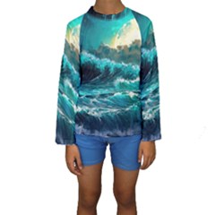 Tsunami Waves Ocean Sea Nautical Nature Water 5 Kids  Long Sleeve Swimwear