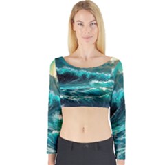 Tsunami Waves Ocean Sea Nautical Nature Water 5 Long Sleeve Crop Top by Jancukart