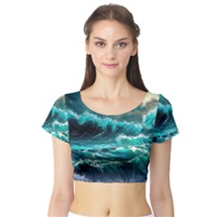 Tsunami Waves Ocean Sea Nautical Nature Water 5 Short Sleeve Crop Top by Jancukart