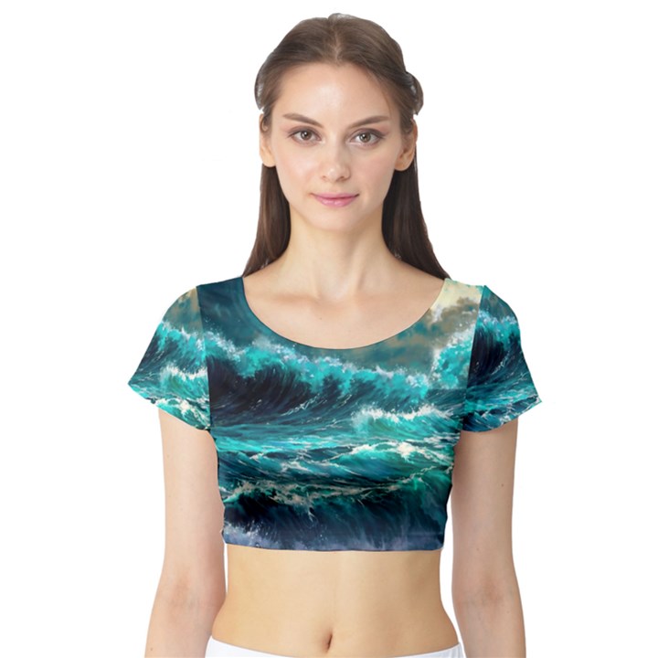 Tsunami Waves Ocean Sea Nautical Nature Water 5 Short Sleeve Crop Top