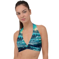 Tsunami Waves Ocean Sea Nautical Nature Water 5 Halter Plunge Bikini Top by Jancukart