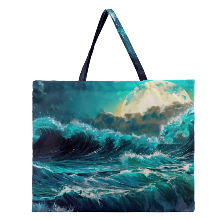 Tsunami Waves Ocean Sea Nautical Nature Water 5 Zipper Large Tote Bag