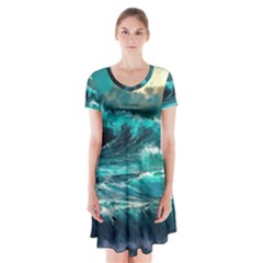 Tsunami Waves Ocean Sea Nautical Nature Water 5 Short Sleeve V-neck Flare Dress by Jancukart