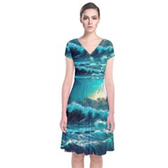 Tsunami Waves Ocean Sea Nautical Nature Water 5 Short Sleeve Front Wrap Dress