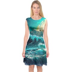 Tsunami Waves Ocean Sea Nautical Nature Water 5 Capsleeve Midi Dress by Jancukart