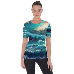 Tsunami Waves Ocean Sea Nautical Nature Water 5 Shoulder Cut Out Short Sleeve Top