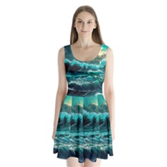 Tsunami Waves Ocean Sea Nautical Nature Water 5 Split Back Mini Dress 