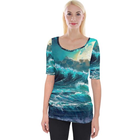 Tsunami Waves Ocean Sea Nautical Nature Water 5 Wide Neckline Tee by Jancukart