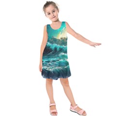 Tsunami Waves Ocean Sea Nautical Nature Water 5 Kids  Sleeveless Dress by Jancukart