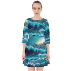 Tsunami Waves Ocean Sea Nautical Nature Water 5 Smock Dress by Jancukart