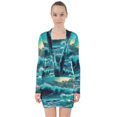 Tsunami Waves Ocean Sea Nautical Nature Water 5 V-neck Bodycon Long Sleeve Dress by Jancukart