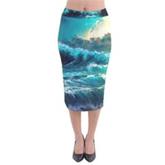 Tsunami Waves Ocean Sea Nautical Nature Water 5 Velvet Midi Pencil Skirt by Jancukart