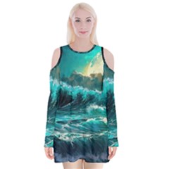 Tsunami Waves Ocean Sea Nautical Nature Water 5 Velvet Long Sleeve Shoulder Cutout Dress