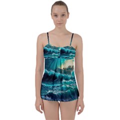 Tsunami Waves Ocean Sea Nautical Nature Water 5 Babydoll Tankini Set by Jancukart