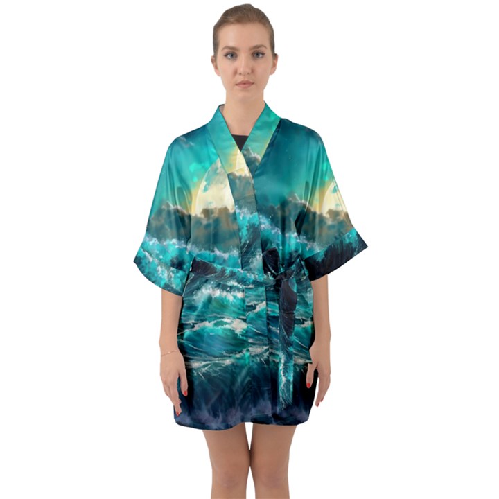 Tsunami Waves Ocean Sea Nautical Nature Water 5 Half Sleeve Satin Kimono 