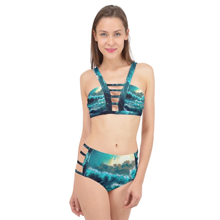 Tsunami Waves Ocean Sea Nautical Nature Water 5 Cage Up Bikini Set