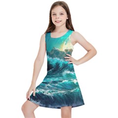 Tsunami Waves Ocean Sea Nautical Nature Water 5 Kids  Lightweight Sleeveless Dress by Jancukart