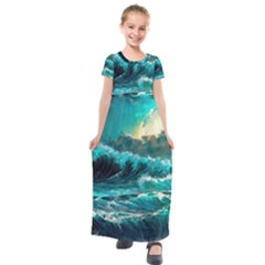 Tsunami Waves Ocean Sea Nautical Nature Water 5 Kids  Short Sleeve Maxi Dress