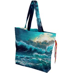 Tsunami Waves Ocean Sea Nautical Nature Water 5 Drawstring Tote Bag by Jancukart