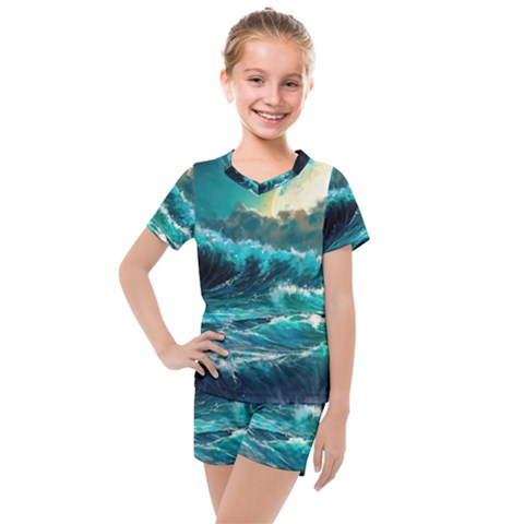 Tsunami Waves Ocean Sea Nautical Nature Water 5 Kids  Mesh Tee And Shorts Set by Jancukart