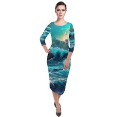 Tsunami Waves Ocean Sea Nautical Nature Water 5 Quarter Sleeve Midi Velour Bodycon Dress