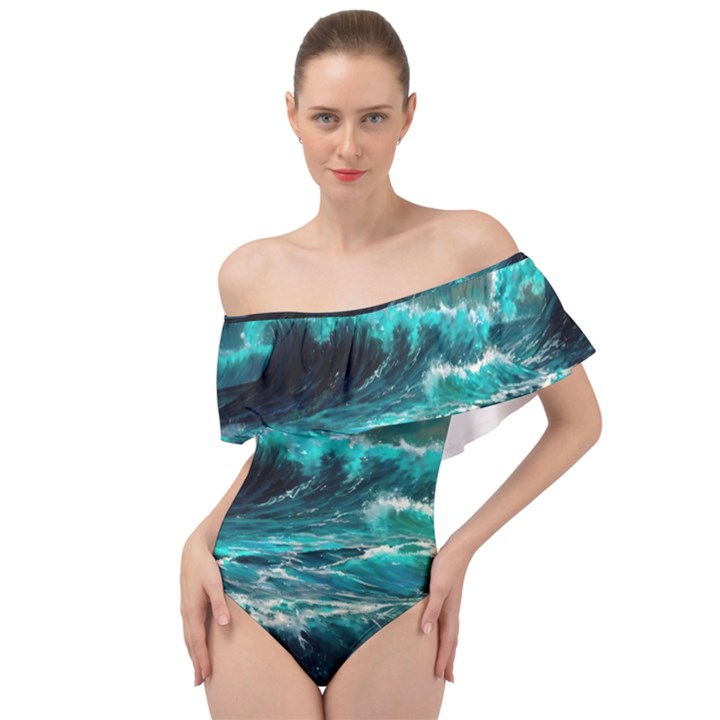 Tsunami Waves Ocean Sea Nautical Nature Water 5 Off Shoulder Velour Bodysuit 