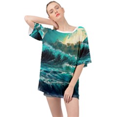 Tsunami Waves Ocean Sea Nautical Nature Water 5 Oversized Chiffon Top by Jancukart