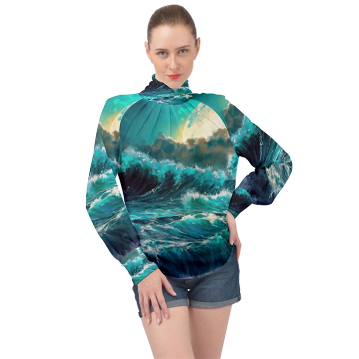 Tsunami Waves Ocean Sea Nautical Nature Water 5 High Neck Long Sleeve Chiffon Top