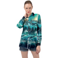 Tsunami Waves Ocean Sea Nautical Nature Water 5 Long Sleeve Satin Shirt