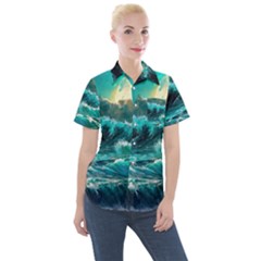 Tsunami Waves Ocean Sea Nautical Nature Water 5 Women s Short Sleeve Pocket Shirt