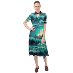 Tsunami Waves Ocean Sea Nautical Nature Water 5 Keyhole Neckline Chiffon Dress