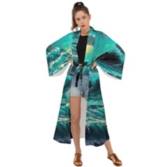 Tsunami Waves Ocean Sea Nautical Nature Water 5 Maxi Kimono by Jancukart