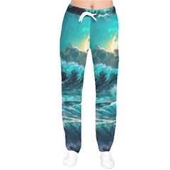 Tsunami Waves Ocean Sea Nautical Nature Water 5 Women Velvet Drawstring Pants by Jancukart